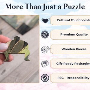 May include: A wooden jigsaw puzzle of a sumo wrestler, with a green and brown color scheme. The puzzle is assembled and held in a hand. The image also includes text that reads "More Than Just a Puzzle" and lists features such as "Cultural Touchpoints", "Premium Quality", "Wooden Pieces", "Gift-Ready Packaging", and "FSC - Responsibility".