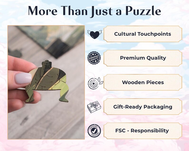 May include: A wooden jigsaw puzzle of a sumo wrestler, with a green and brown color scheme. The puzzle is assembled and held in a hand. The image also includes text that reads "More Than Just a Puzzle" and lists features such as "Cultural Touchpoints", "Premium Quality", "Wooden Pieces", "Gift-Ready Packaging", and "FSC - Responsibility".