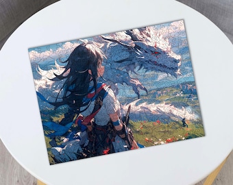 White Dragon and Anime Warrior Girl - wood puzzle with cute shapes, Artwork for Otaku, Anime-Inspired Gifts Idea, Wall Art Jigsaw Puzzles