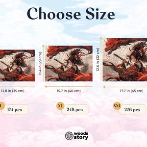 May include: A red, white, and black anime-style illustration of a person holding a sword. The image is divided into three sections, each showing a different size of the image. The sizes are labeled L, XL, and XXL, with the corresponding number of pieces for each size. The text "Choose Size" is at the top of the image.