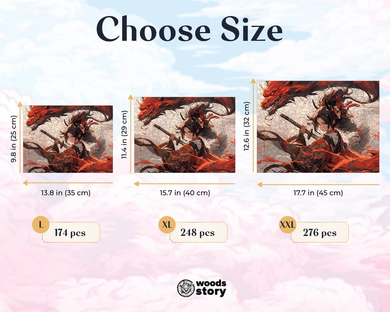 May include: A red, white, and black anime-style illustration of a person holding a sword. The image is divided into three sections, each showing a different size of the image. The sizes are labeled L, XL, and XXL, with the corresponding number of pieces for each size. The text "Choose Size" is at the top of the image.