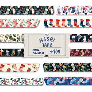 Washi-tape voor kerstsokken, digitale washitape, washi met kerstpatroon, aquarelwashi, plannertapes, png-washi