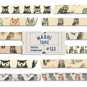 Ruban adhésif en Washi hibou, estampé sur bois, adhésifs adhésifs pour agenda animaux vintage, PNG, ruban adhésif numérique hibou
