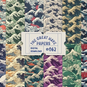 Może przedstawiać: Zestaw 9 cyfrowych papierów z powtarzającym się wzorem niebieskich, zielonych i białych fal. Papiery są zatytułowane "The Great Wave Papers #062" i są dostępne do pobrania cyfrowego.