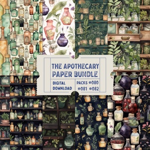 Naadloze kruidenpatroon papier digitaal, plant geïllustreerd papier apotheker medicijnkast met drankje flessen, rommeljournaal