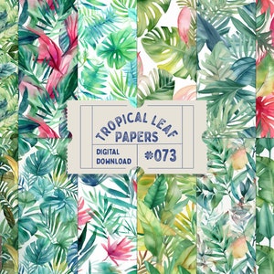 Papéis de plantas tropicais com folhas da selva, padrões de plantas em aquarela, padrões sem costura, ilustrações botânicas, scrapbook digital Junk Journal