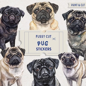 Mops Hunde Fussy Cut Aufkleber, Digital Collage Sheet, von Hand geschnitten Aquarell Hunde, Scrapbooking Hunde, Ephemera Pack, Junk Journal