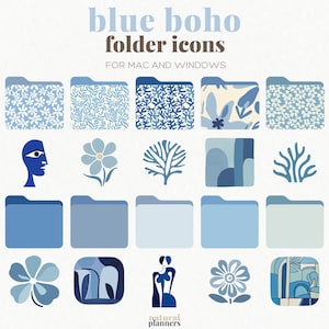 May include: Blue and white folder icons featuring a variety of patterns and illustrations, such as flowers, branches, and abstract shapes. The text "blue boho folder icons" and "for mac and windows" is shown at the top of the image.