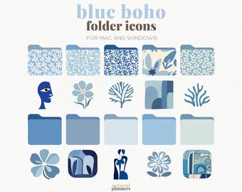 Blaue Boho Ordnersymbole, Mac Ordnersymbole, Windows Ordnersymbole, Matisse inspiriert, Gesichtskorallenblumen, neutrale Ordner, blauer Desktop