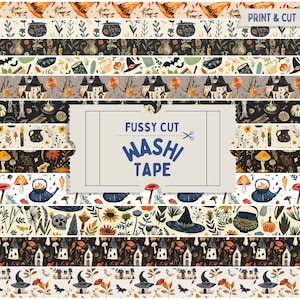 Hedge Witch kieskeurig gesneden washitape, Cottagecore Halloween-washitape met print en gesneden, afdrukbare washitapes