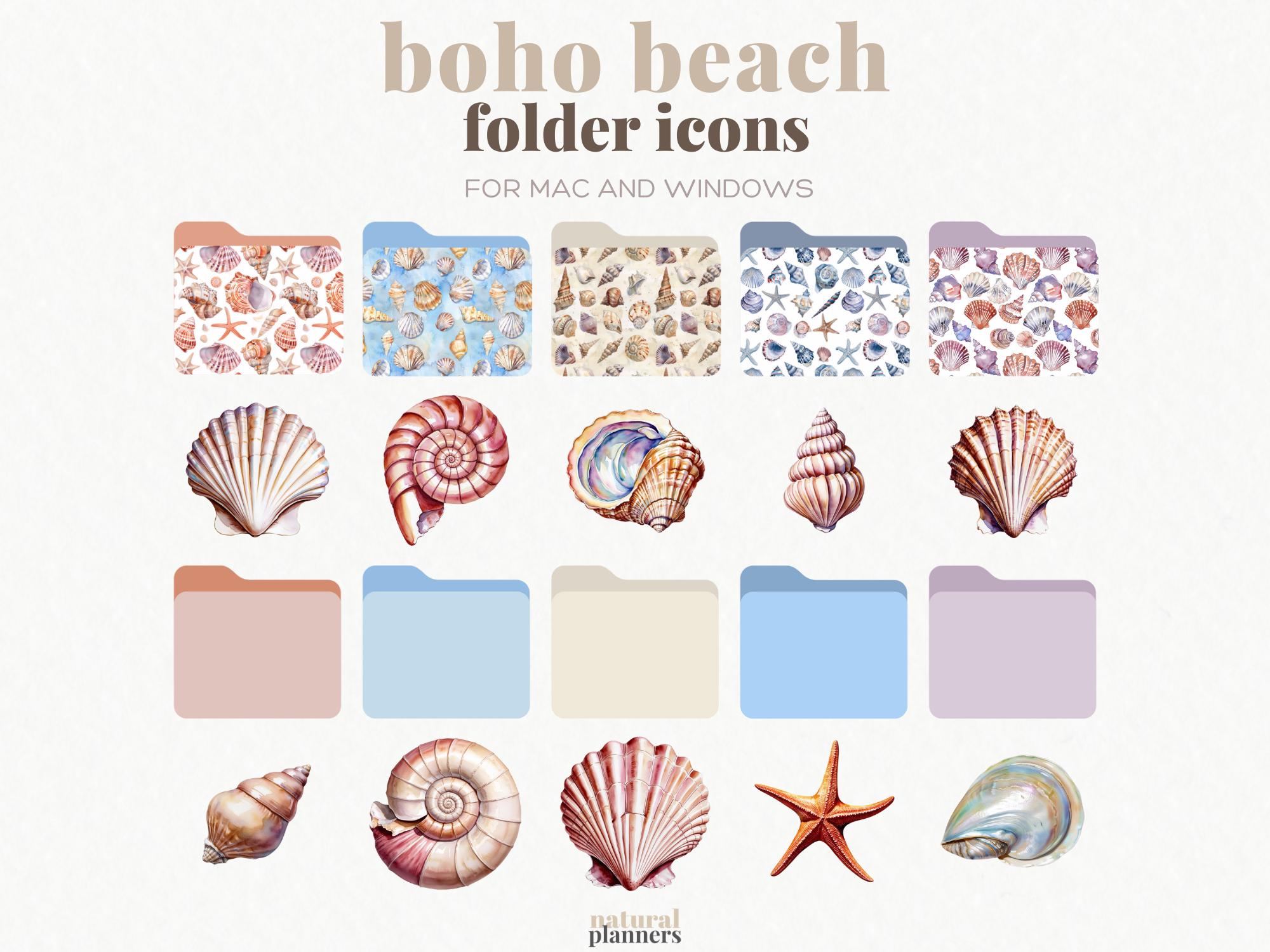 Boho Beach Ordnersymbole, Mac Ordnersymbole, Windows Ordnersymbole, Muscheln, Seesterne, Neutrale Ordner