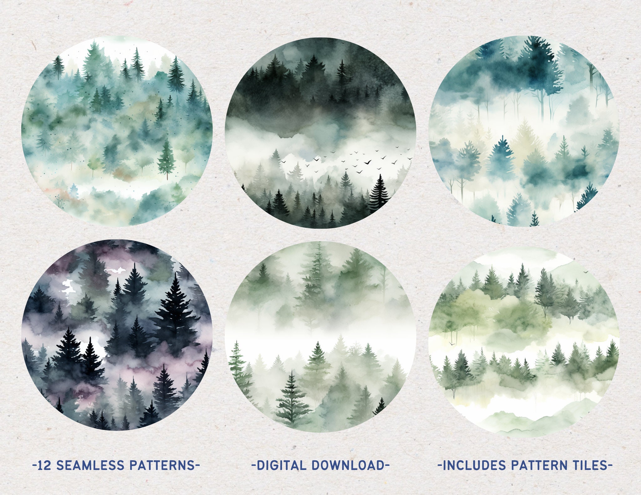 Pattern Misty Misty Forest Seamless Patterns Digital Paper, Watercolour Style Nature ...
