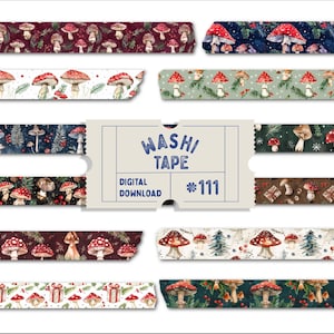 Fita Washi de Cogumelos de Natal, Fita Washi Digital, Cogumelos de Inverno Cottagecore, Washis de Aquarela, Fitas para Planejador, Washi PNG