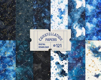 Pode incluir: Um conjunto de oito papéis digitais com constelações de aquarela em tons de azul e dourado. Os papéis são perfeitos para scrapbooking, criação de cartões e outros projetos de artesanato. O texto da imagem diz "Constellation Papers #121 Digital Download".