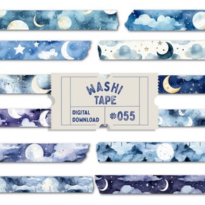 Nastro washi con luna e stelle, nastro washi digitale, nastro washi con motivo notte stellata, nastro washi con mezzaluna, nastri per planner con fasi lunari, PNG Goodnotes