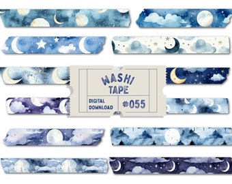 Moon and Star Washi Tape, Digital Washi Tape, Starry Night Patterned Washi, Crescent Moon Washis, Moon Phase Planner Tapes, Goodnotes PNGs