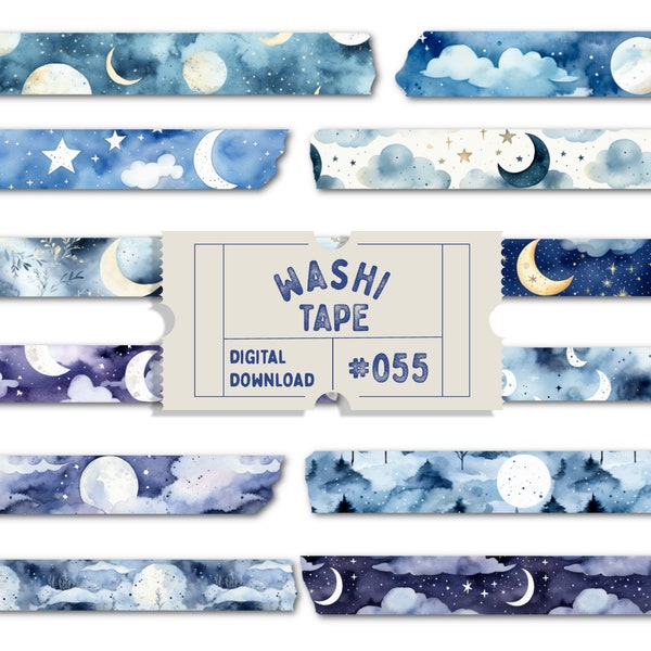 Moon and Star Washi Tape, Digital Washi Tape, Starry Night Patterned Washi, Crescent Moon Washis, Moon Phase Planner Tapes, Goodnotes PNGs