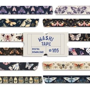 Moth and Butterfly Washi Tape, Digital Washi Tape, Vintage Washis, Night Court Planner Tapes, Goodnotes PNGs, Gothic Moth Washi Tape