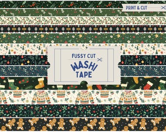 May include: Printable Christmas themed washi tape designs.  The designs include a variety of festive patterns such as snowflakes, holly, ornaments, and gingerbread men.  The text on the image reads "Fussy Cut Washi Tape".