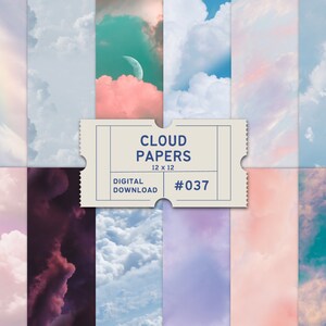 May include: A set of 12 digital cloud papers in various shades of blue, pink, purple, and green. The papers feature different cloud formations and a crescent moon. The papers are 12 inches by 12 inches and are available for digital download. #037