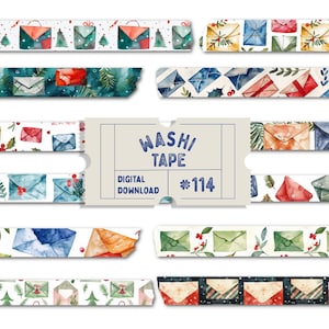 Washi-tape kerstpost, digitale washitape kerstposters, print kerstkaarten en cadeaus, aquarel washis, plannertapes, png