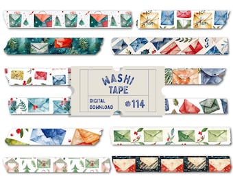 Christmas Mail Washi Tape, Holiday Post Digital Washi Tape, Christmas Cards and Presents Print, Watercolour Washis, Planner Tapes, PNG