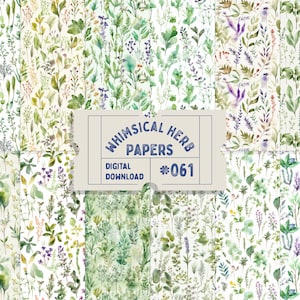 Papéis digitais com padrões de ervas em aquarela, papéis ilustrados com plantas, papéis botânicos, impressões para convites de casamento