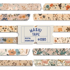 Cinta washi floral neutra, cinta washi digital, washi con estampado floral, washi florales, cintas para agendas, PNG de Goodnotes