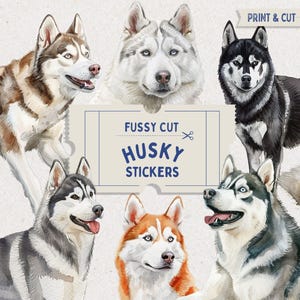 Fussy Cut Husky Dog Stickers, Digital Collage Sheet, Cut by Hand Watercolour Dogs, Scrapbooking Dogs, Ephemera Pack, Junk Journal