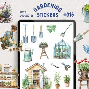 Adesivos digitais de jardinagem, livro de adesivos de jardim GoodNotes, PNGs lindos, decorações de planejador, adesivos de plantas, plantas em vasos, PNGs de estufa