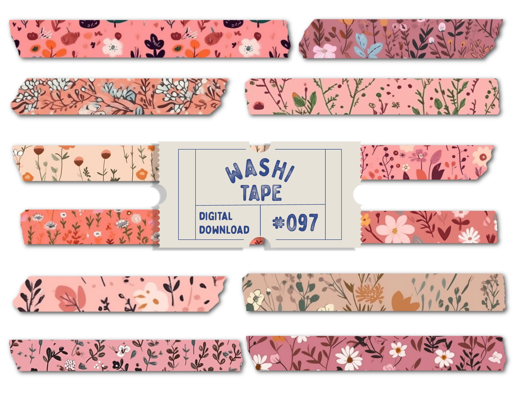 Cute Pink Flower Washi Tape, Ditsy Floral Print Digital Washi Tape ...