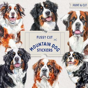Berner Sennenhund Fussy Cut Aufkleber, Digital Collage Sheet, von Hand geschnitten Aquarell Hunde, Scrapbooking Hunde, Ephemera Pack, Junk Journal