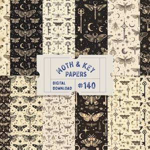 May include: A digital download showcasing patterns of moths, keys, moons, and stars in beige and black. The text "Moth & Key Papers" and "Digital Download #140" is displayed on a light blue label.