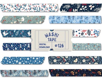 Christmas Washi Tape, Blue Christmas Theme Digital Washi Tape, Watercolour Winter Washis, Planner Tapes, Digital Washi Tape Set