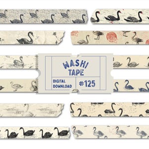 Ruban adhésif Washi cygne, estampé sur bois, ruban adhésif pour planificateur d&#39;oiseaux vintage, PNG, ruban adhésif numérique oiseaux