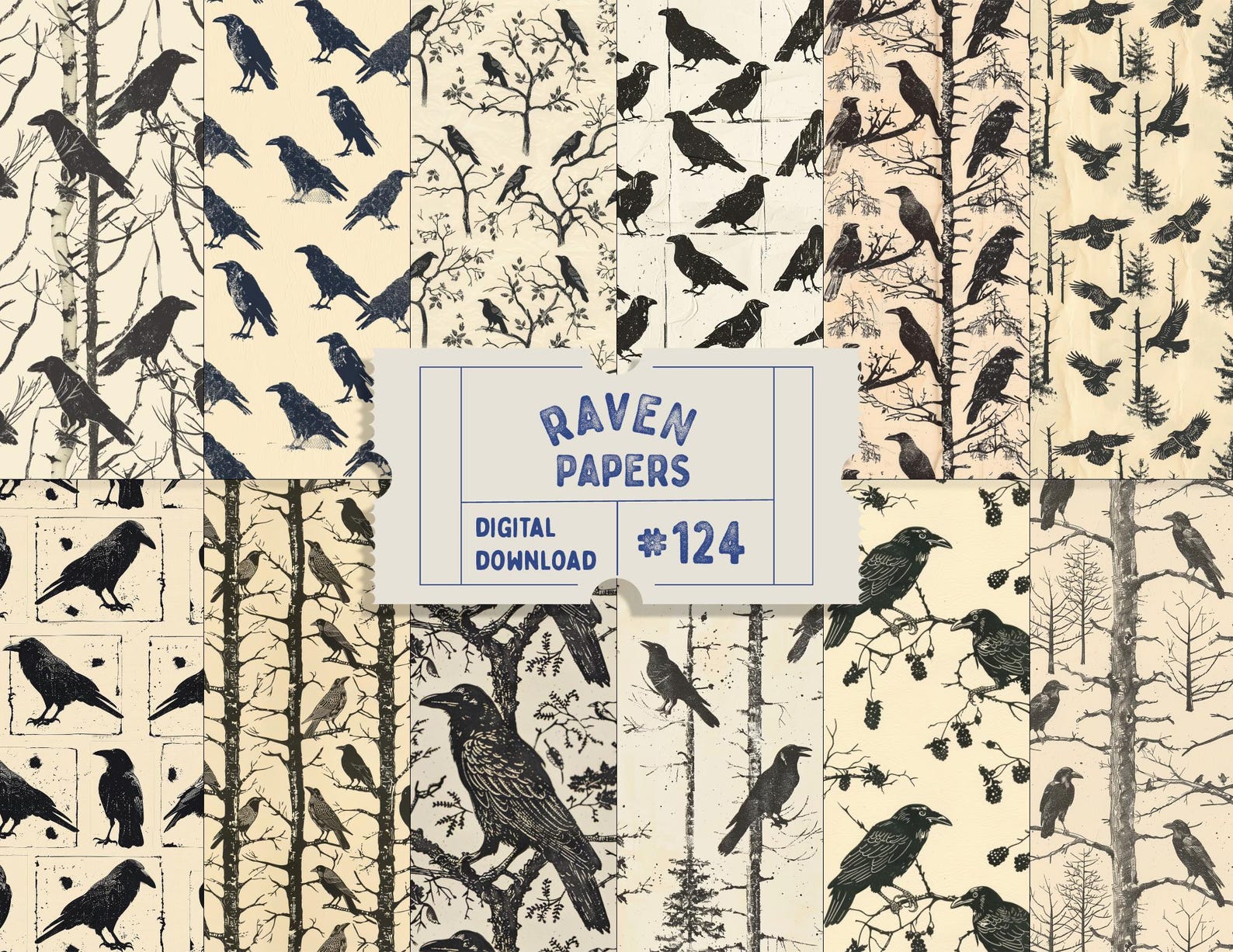 Raven Papers, Crow Stamp Printed Seamless Patterns, Black Bird Seamless ...