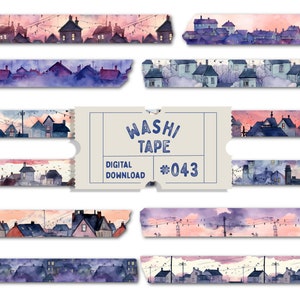 Fita Washi, Fita Washi Digital Sunset, Washis com Padrões Ilustrados, Washi de Casas Urbanas, Fitas Planejadoras, PNGs Goodnotes