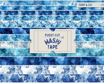 Blue Marble Fussy Cut Washi Tape, Baby Blue and Navy Print and Cut Washi Tape, Fluid Ink Effect Printable Planner Tapes