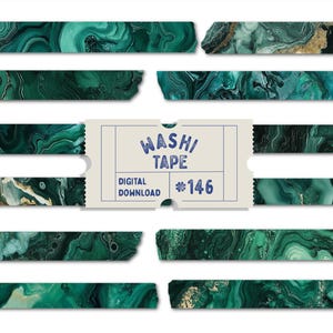 May include: A collection of washi tape strips with a malachite-inspired design in shades of green, gold, and white. The image includes a tag that reads "Washi Tape" and "Digital Download #146". The tape strips have a torn edge.