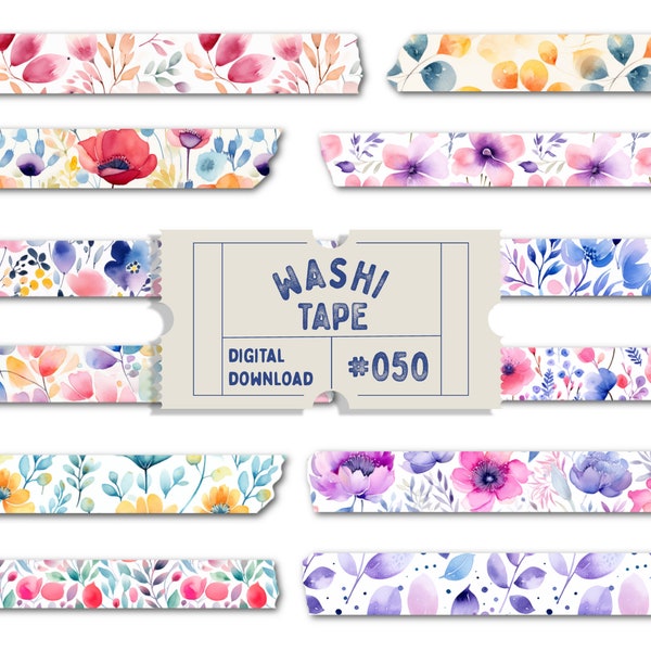 Botanical Floral Washi Tape, Digital Washi Tape, Flower Patterned Washi, Floral Washis, Planner Tapes, Goodnotes PNGs