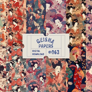 Puede incluir: Un paquete de papel digital con 12 patrones diferentes que presentan geishas con ropa tradicional japonesa y diseños florales. El texto "Geisha Papers #063" se muestra en una etiqueta blanca.