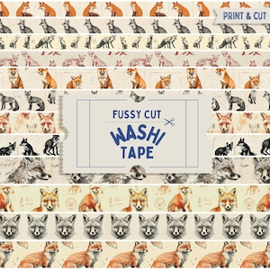 Fox fussy cut-washi-tape, schattige vintage print en gesneden washi-tape, afdrukbare landelijke Fox-washi-tapes