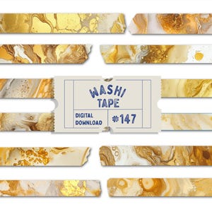 May include: Digital download of washi tape strips with gold, white, and brown marbled designs. The image includes a tag that reads "Washi Tape" and "Digital Download #147". The tape strips have a torn edge.