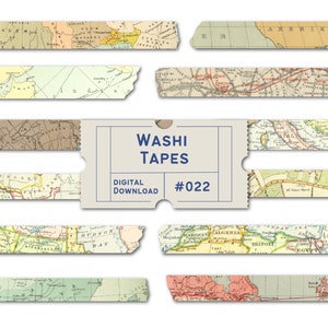 May include: A set of ten digital washi tapes featuring vintage map designs. The tapes are labelled "Washi Tapes #022 Digital Download".