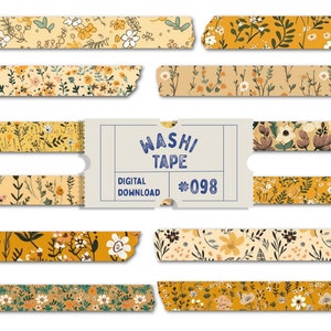 Gelbes Retro Gänseblümchen Blumen Washi Tape, Ditsy Blumendruck Digitales Washi Tape, Washi mit Blumenmuster, Planerbänder