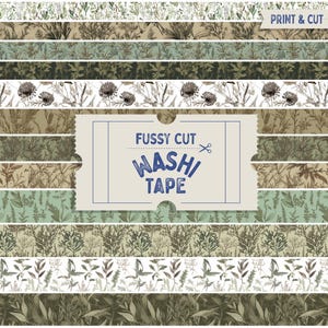 Cinta washi de hierbas con cortes finos, cinta washi con estampado y corte de ramitas de hierbas, pegatinas de acuarela, cintas washi imprimibles.