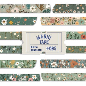 Saliegroene washitape, digitale washitape met fijne print, washi met bloemenpatroon, plannertapes png, Goodnotes digitale washitapeset