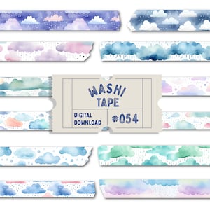 Cinta washi de nube de lluvia, cinta washi digital lluviosa, washi de acuarela, cintas para planificadores, PNG de Goodnotes, set de cintas washi digitales de nube de acuarela