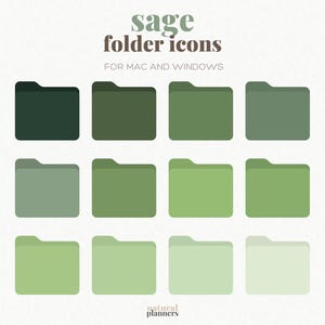 Puede incluir: Iconos de carpeta verde salvia para Mac y Windows. Los iconos están en varios tonos de verde, desde verde oscuro hasta verde claro.