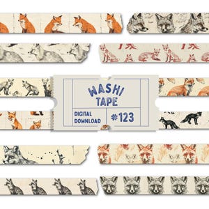 Ruban adhésif Washi adhésif renard, estampé estampé sur bois, adhésifs adhésifs pour agenda animaux vintage, PNG, adhésif numérique renard